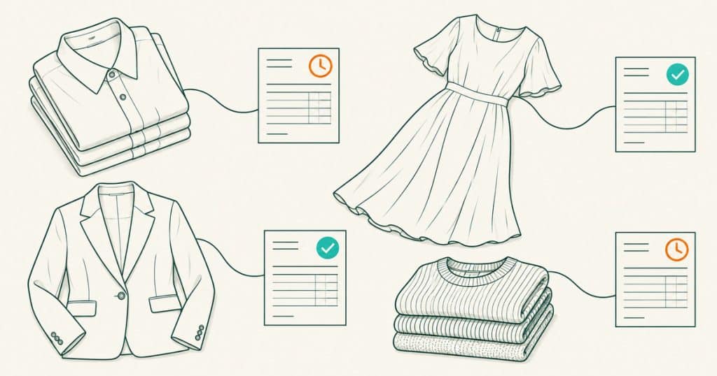 Clothing collections connected to invoices with paid and unpaid status markers