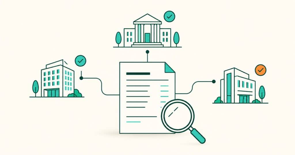 Fatura ligada a três edifícios de agências locais, com marcas de verificação e um microscópio representando a seleção de parceiros.